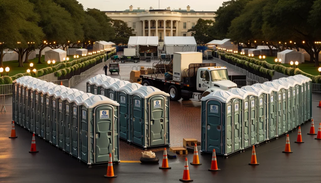 Festival porta potty bank with barricades in Santa Rosa, California